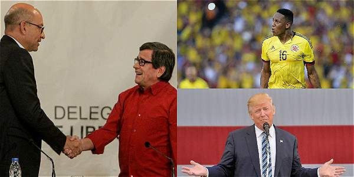 En la foto, los jefes negociadores del Gobierno Mauricio Rodríguez (vestido de negro) y de la guerrilla del Eln, Pablo Beltrán (con camisa roja). Además del futbolista Yerry Mina y Donald Trump.