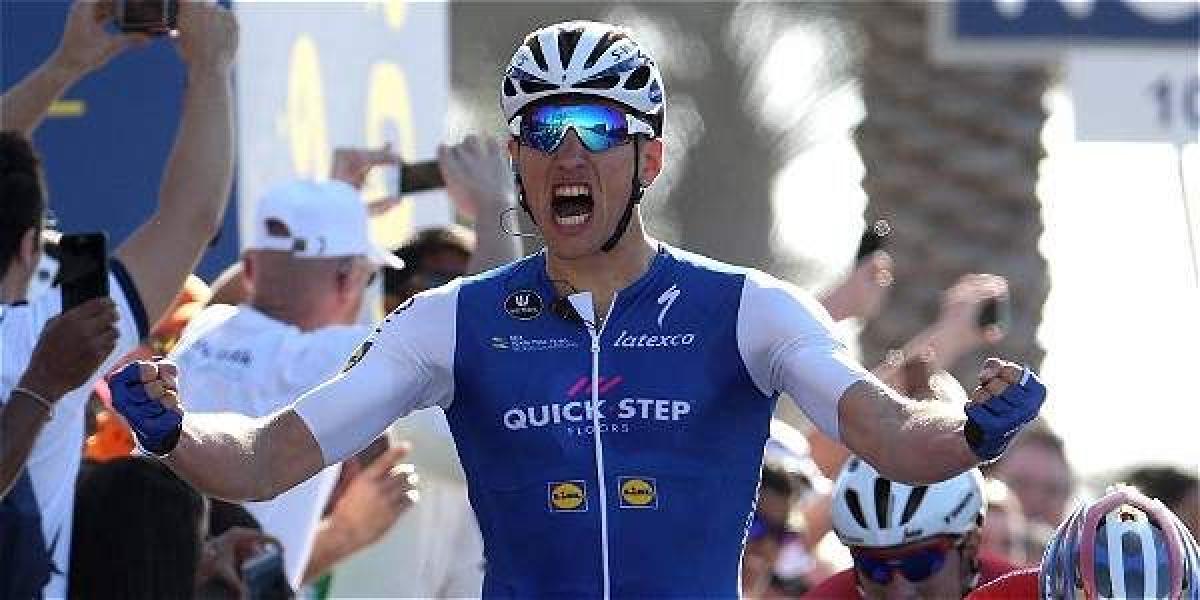 El ciclista alemán Marcel Kittel, de Quick-Step Floors, reacciona al ganar la primera etapa de Tour de Dubai.