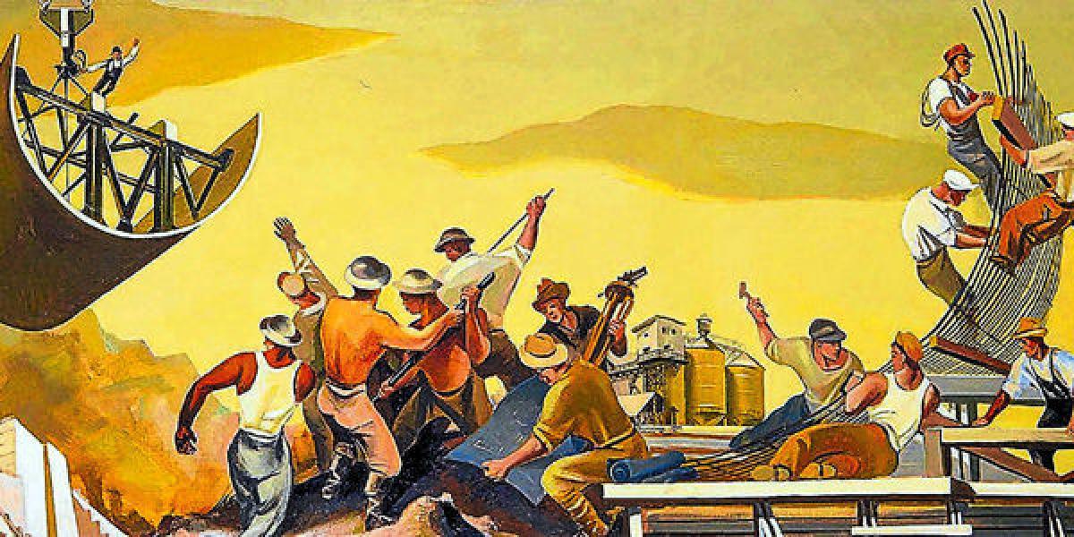 'Construction of the Dam', la imagen usada para ilustrar la carátula del libro de Gordon, es un mural del caricaturista estadounidense William Gropper.
