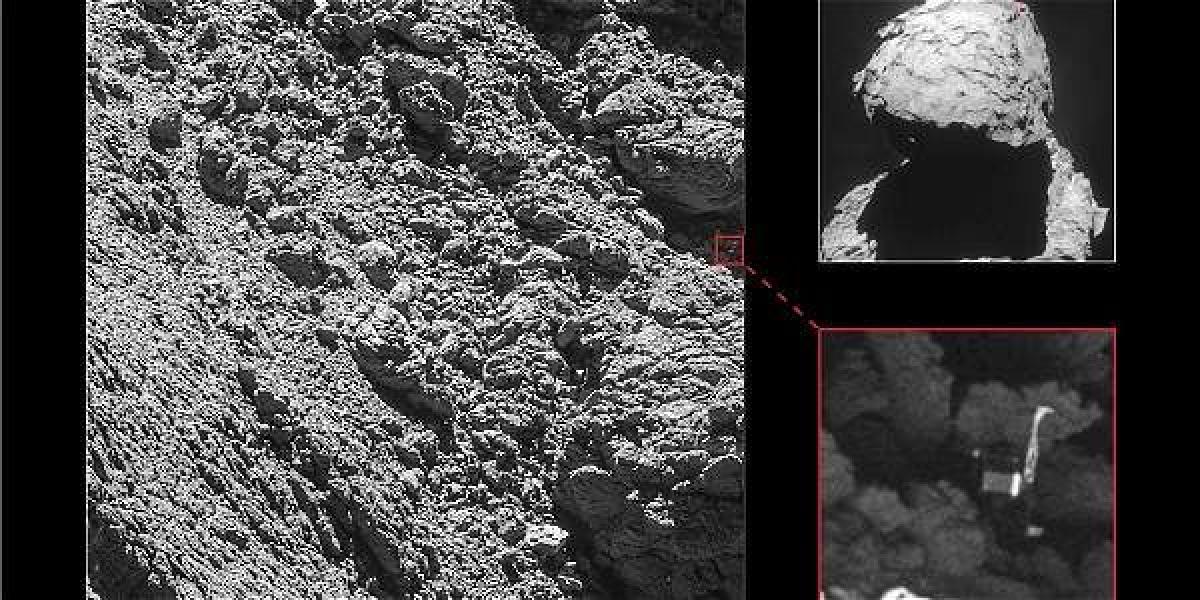 El robot de exploración Philae aterrizó sobre el cometa 67P Churyumov-Gerasimenko, en noviembre del 2014, tras diez años de viaje desde la Tierra.