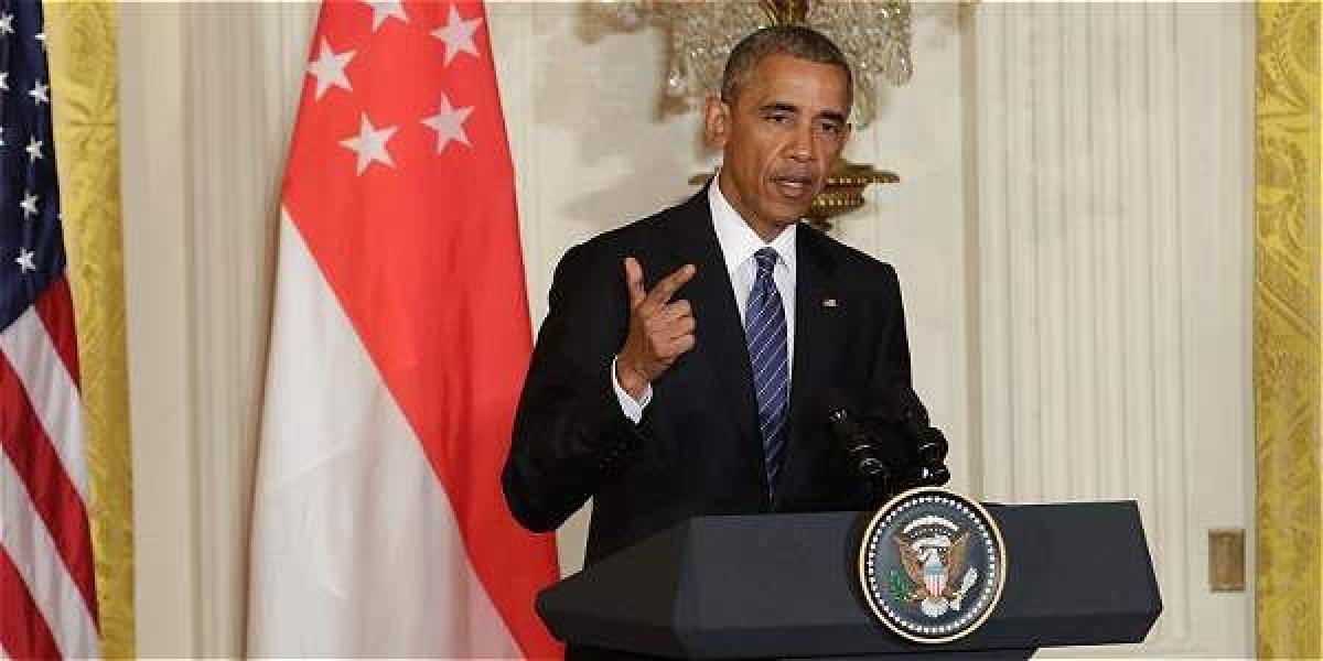 El presidente estadounidense, Barack Obama, durante una ceremonia de bienvenida al el primer ministro de Singapur, Lee Hsien Loong, en la Casa Blanca en Washington, Estados Unidos.