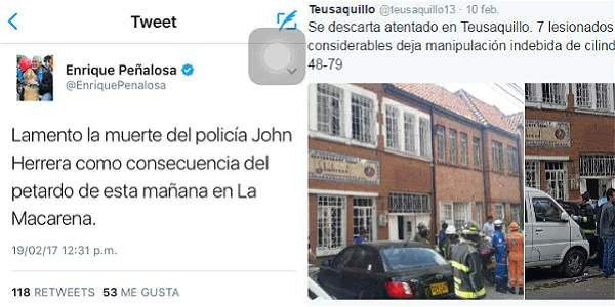 Los tuits de Enrique Peñalosa (eliminado) y de la Alcaldía de Teusaquillo.
