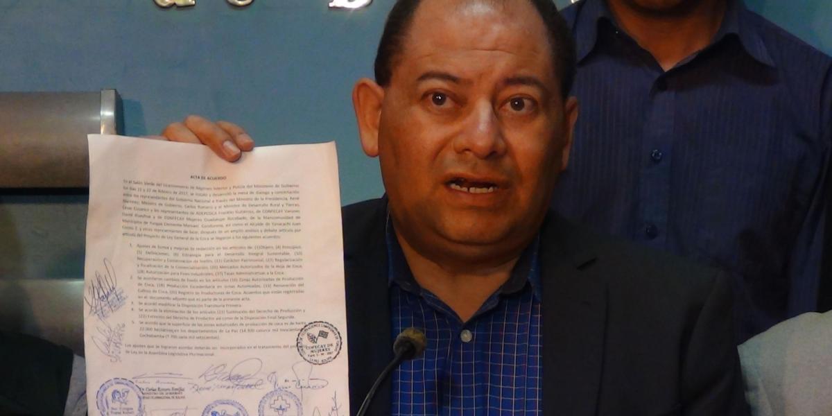 Ministro de Gobierno (Interior) boliviano, Carlos Romero, mostrando un acuerdo firmado con los cocaleros de los Yungas.