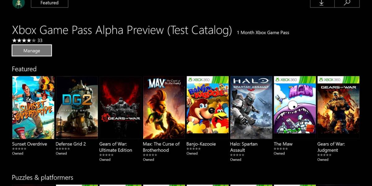 Este es el catálogo de prueba de Xbox Game Pass. Hay títulos tanto de Xbox 360 como de Xbox One, entre ellos Halo 5, Gears of Wars: Ultimate Edition y Sunset Overdrive. Imagen de Windows Central