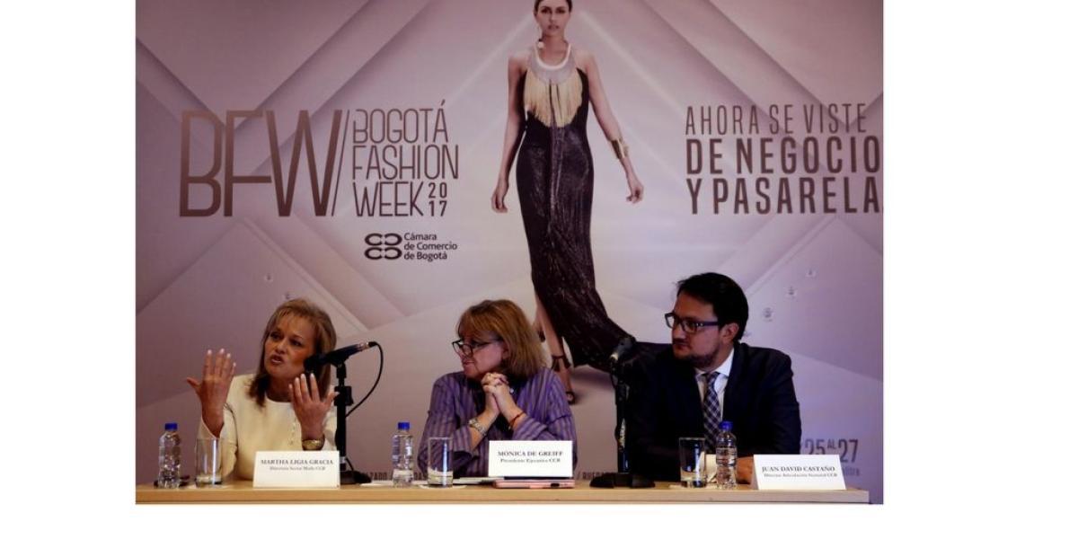 Martha Ligia Gracia, directora del sector moda de la CCB; Mónica de Greiff, presidente de la CCB, y Juan David Castaño, director seccional de la CCB. Rueda de prensa de Bogota Fashion Week.