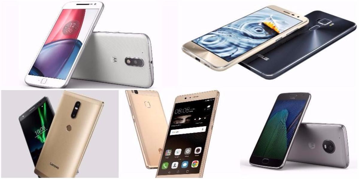 De izq. a der: Arriba, el Moto G4 Plus y el Asus Zenfone 3. Abajo, el Lenovo Phab 2; el Huawei P9 Lite y el Moto G5 Plus.