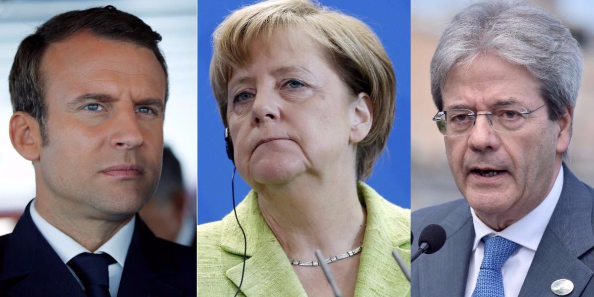 El presidente francés Emmanuel Macron, la canciller alemana, Angela Merkel, y el primer ministro italiano, Paolo Gentiloni.
Editar tags: Angela Merkel, Emmanuel Macron