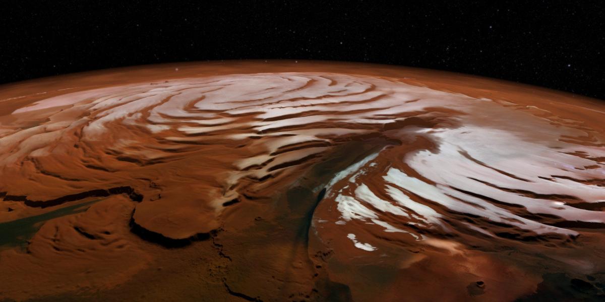 Imagen facilitada por la Agencia Espacial Europea (ESA) del casquete polar norte de Marte, con el cañón conocido como Chasma Boreale.