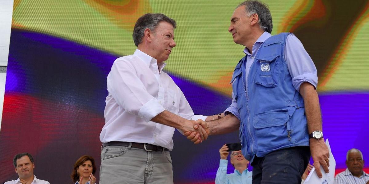 Juan Manuel Santos, el presidente de Colombia en el acto de dejación de armas.