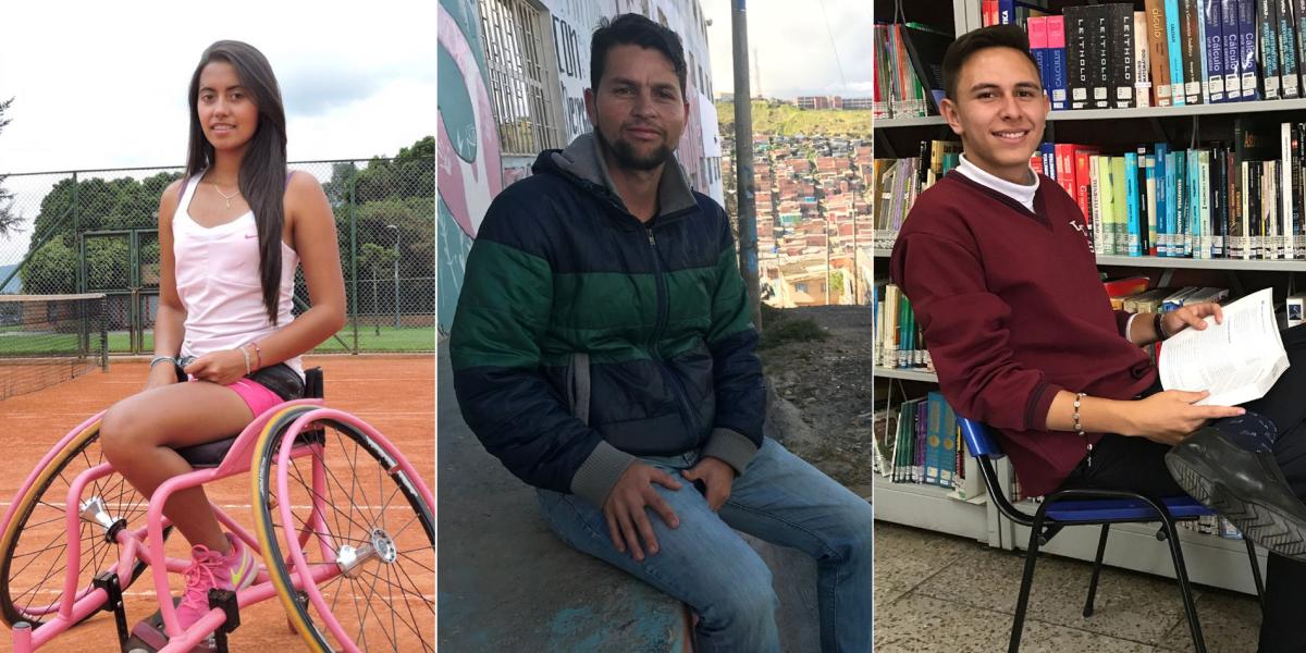 Angélica Bernal es tenista paralímpica. Jeison Robayo (centro) es un líder en el barrio Potosí. Juan Pablo Galvis (der.), enseña a leer.