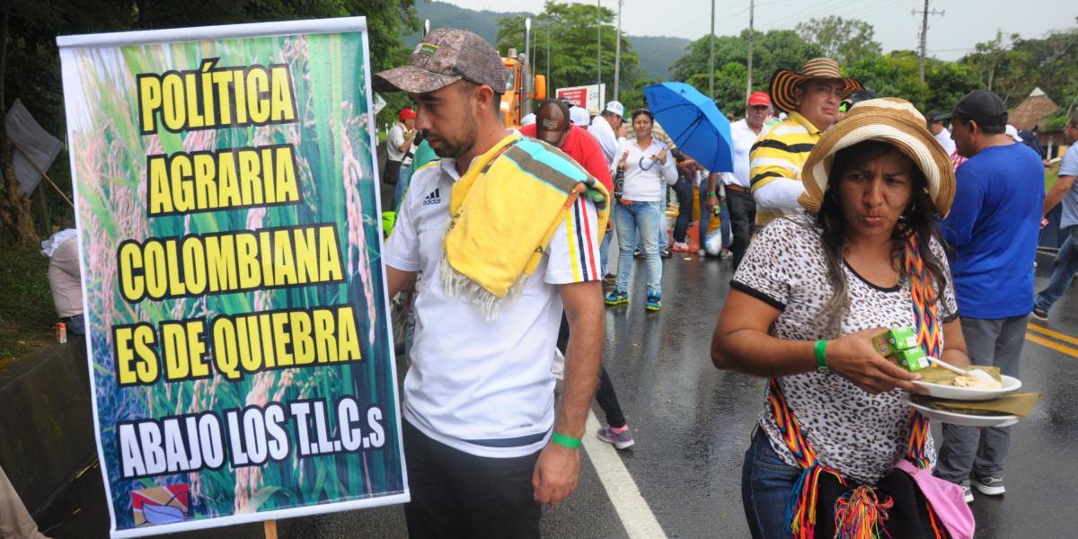 Con carteles, agricultores y arroceros del Meta marcharon ayer por la vía Villavicencio-Bogotá.