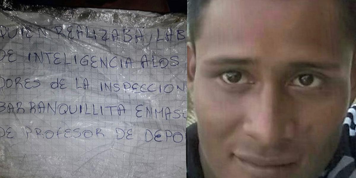 Facsímiles de los mensajes que el frente primero dejó al lado del cuerpo del joven asesinado en Barranquillita, Guaviare. En la foto : Iván Torres Acosta, el joven estudiante asesinado.