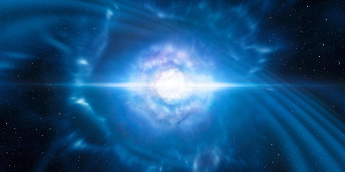 Una imagen virtual facilitada por el Observatorio Europeo Austral (ESO) muestra la explosión de kilonova, fenómeno originado por la colisión de dos estrellas de neutrones, hoy, 16 de octubre de 2017.
