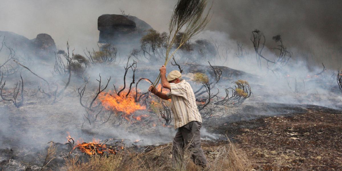 Un hombre trata de sofocar las llamas en un paraje de Almeidinha, Portugal, en la frontera con la provincia española de Salamanca.