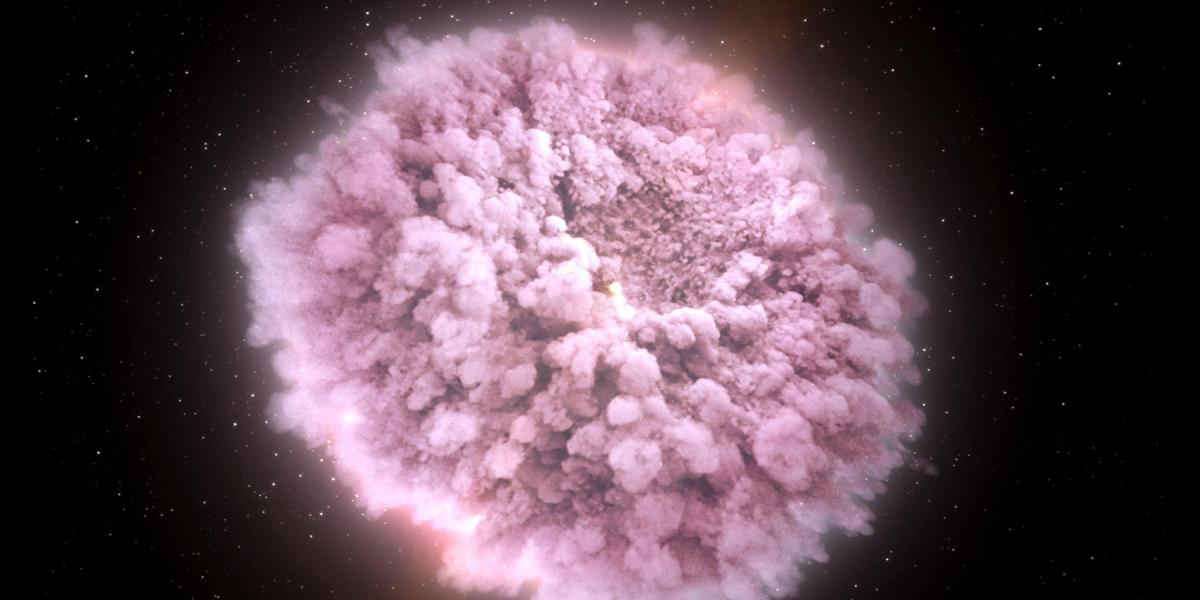 Ilustración de la Nasa que muestra la densa nube de escombros despojada de la fusión de dos estrellas de neutrones justo antes de colisionar.