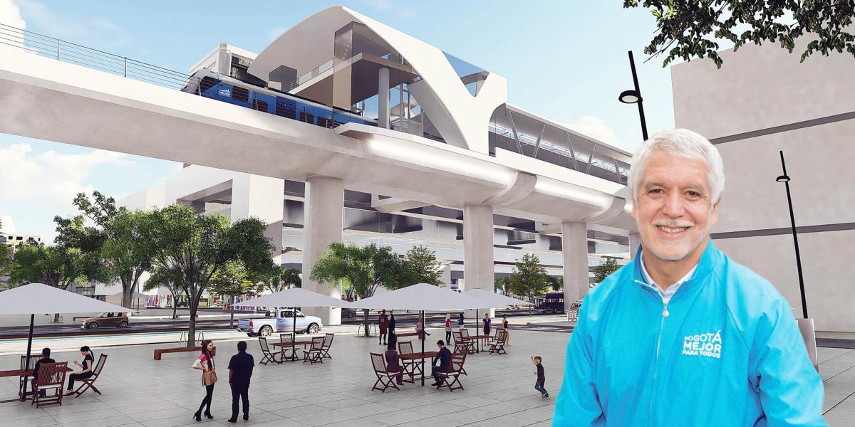 El alcalde Enrique Peñalosa y al fondo, una imagen proyectada del futuro metro.