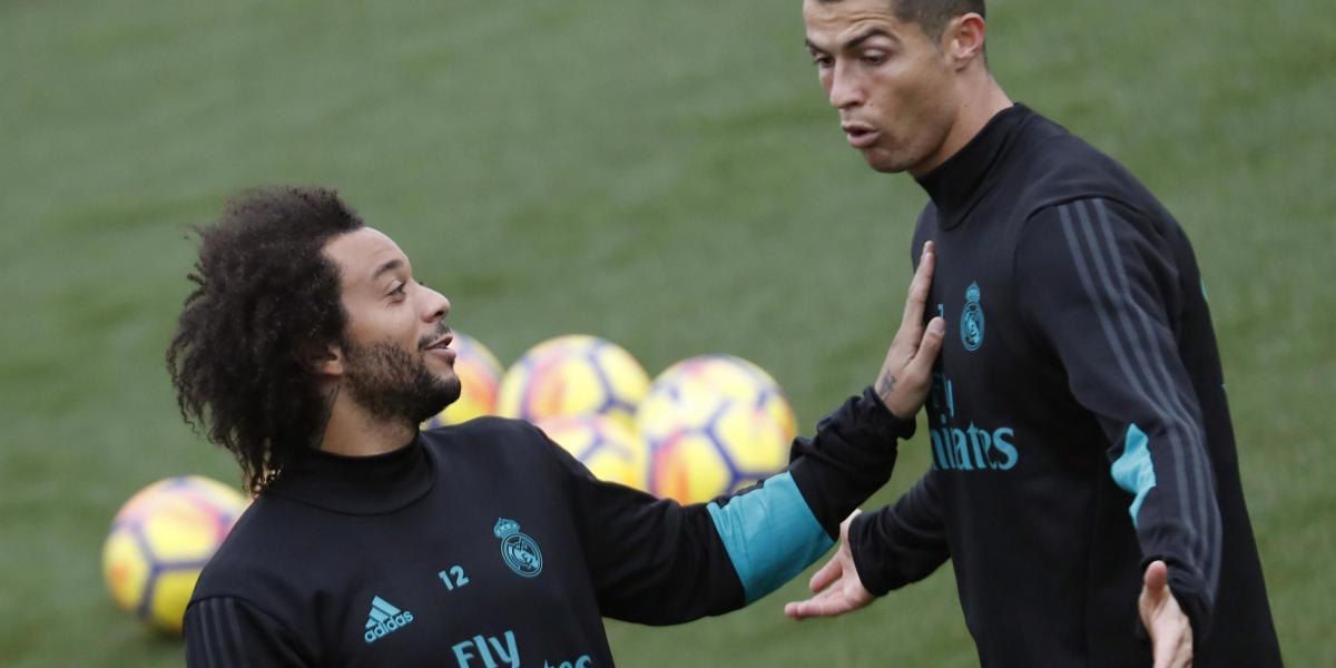 Marcelo y Cristiano Ronaldo en el entrenamiento del Real Madrid.