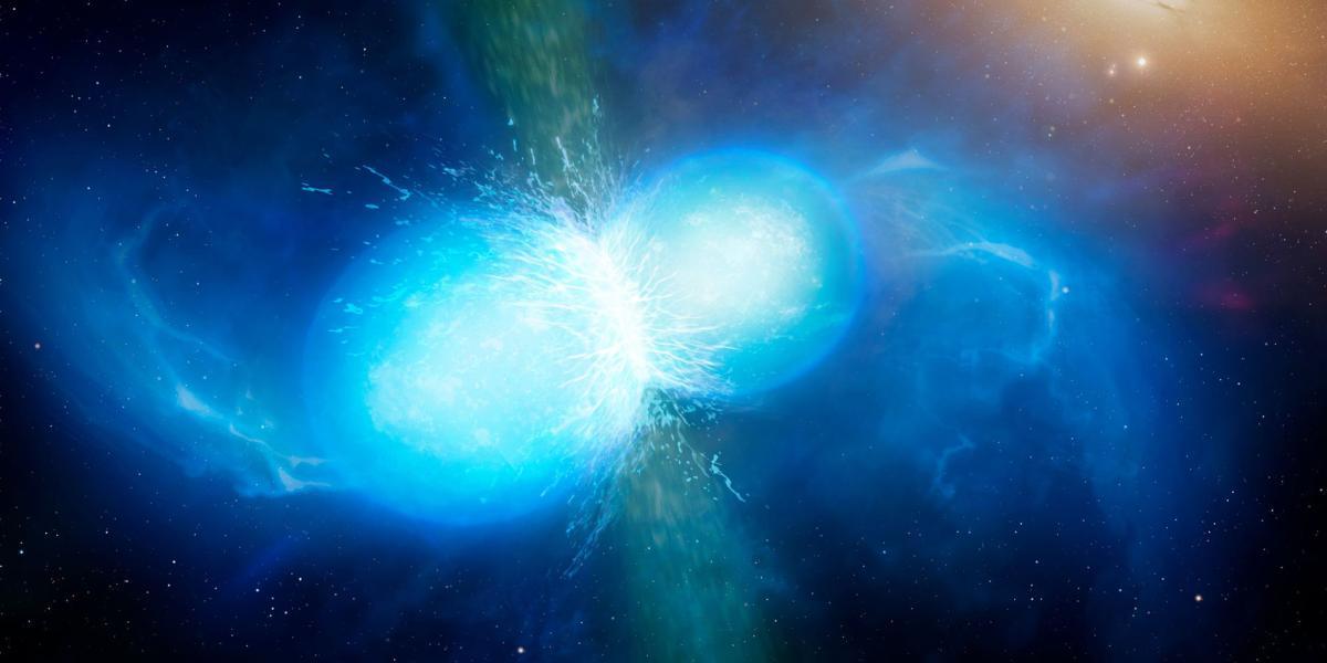 Representación artística de la fusión de dos estrellas de neutrones.