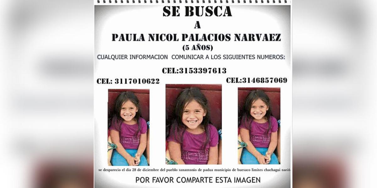 Paula Nicol Palaciós desapareció el 28 de diciembre de 2014 en Buesaco, Nariño.