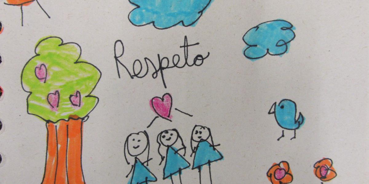 Respeto y unión familiar: Camila M. Mejía Gómez, de 8 años, caminaba con su abuela cuando fue invitada por el periodista a dibujar para Bogotá. Se le abrieron los ojos y de una dijo que sí. Le regala respeto a su ciudad y lo simboliza con su familia tomada de la mano.