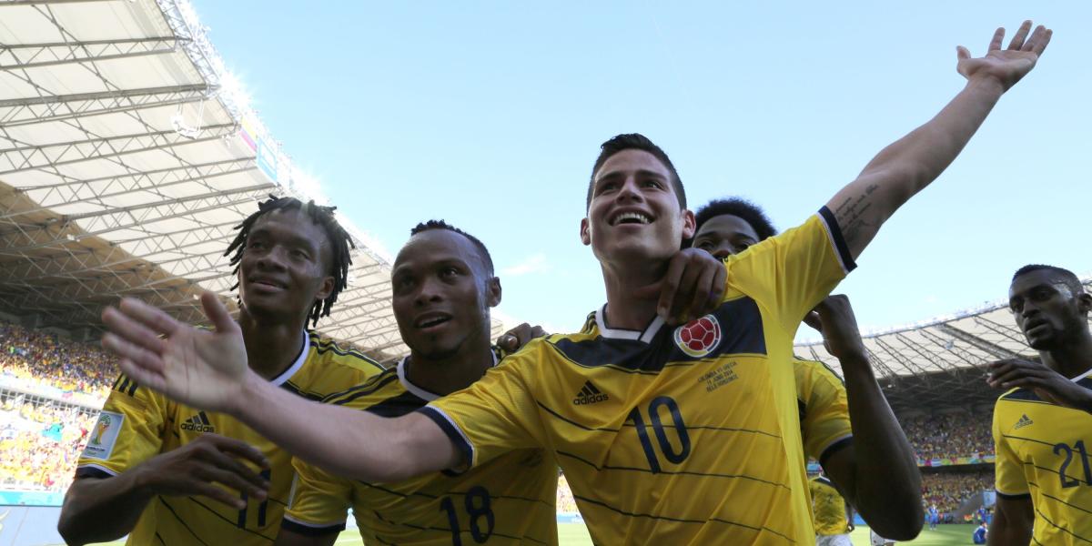 Uno de los festejos de Colombia en Brasil 2014, torneo en el que James Rodríguez fue fundamental. La Selección sueña con volver a brillar.