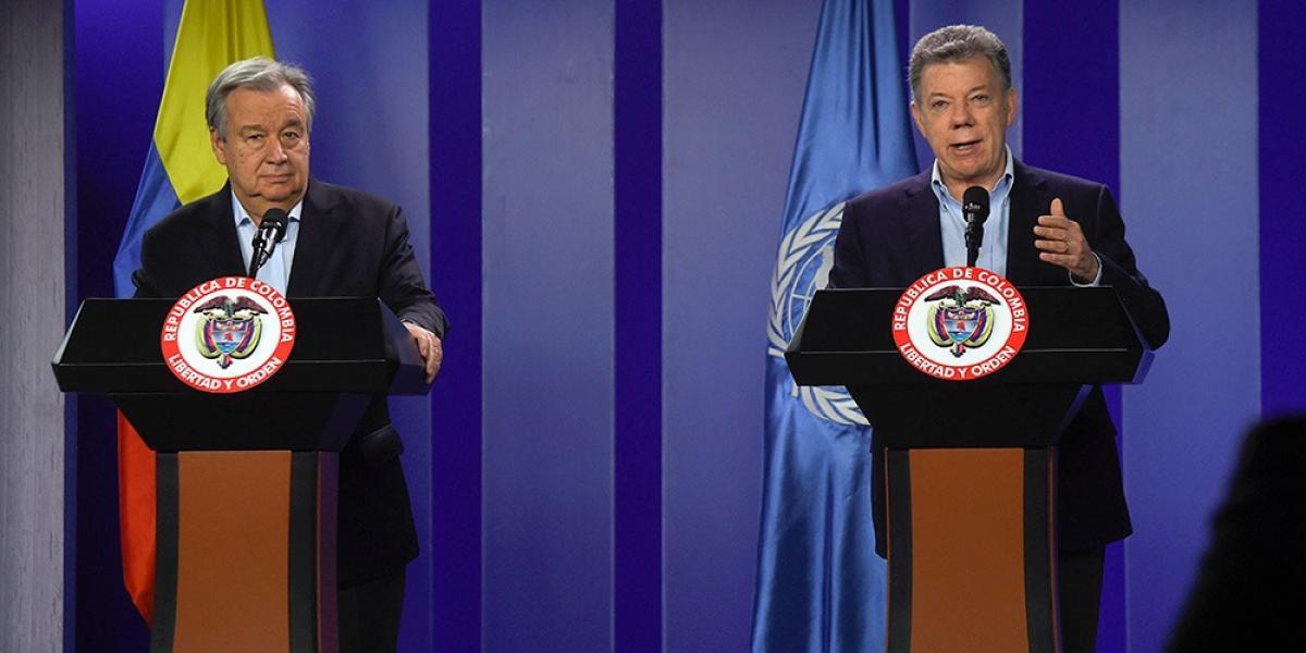 Al finalizar la reunión entre el presidente Juan Manuel Santos y el secretario general de la ONU, dieron un discurso conjuntos.