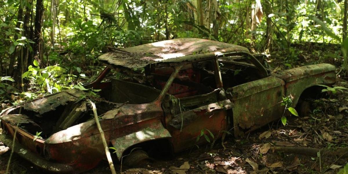 El Chevrolet Corvair que fue abandonado después de que tuvo problemas técnicos en su paso por la selva.
