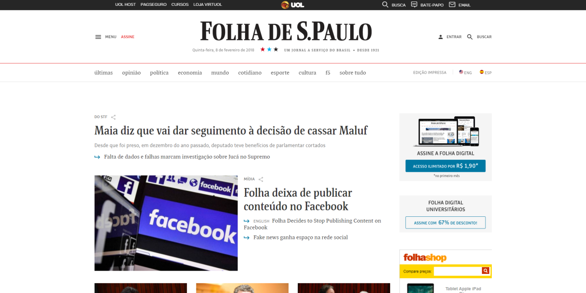 El periódico más grande en Brasil, Folha de Sao Paulo, anunció que no publicará su contenido en Facebook.