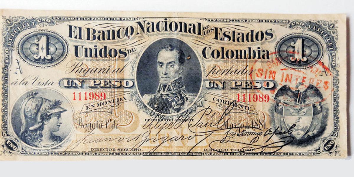 Con muy buen diseño, apareció este billete de 1 peso de 1881, del Banco Nacional de Colombia, con la efigie del Libertador Simón Bolívar.