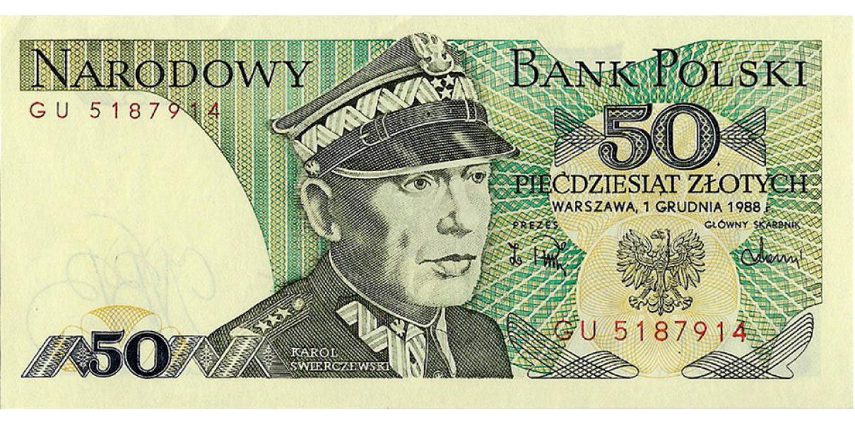Billete auténtico de 50 ‘zlotych’, emitido en 1988 por el Banco de Polonia.