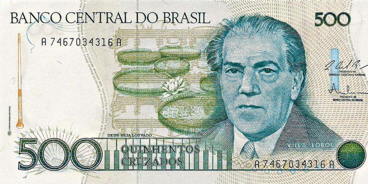 Con este billete de 500 cruzados se rindió un homenaje al reconocido compositor brasileño Heitor Villa-Lobos.