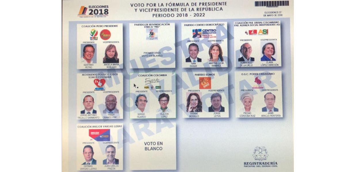 Este es el tarjetón presidencial para la primera vuelta en Colombia.
