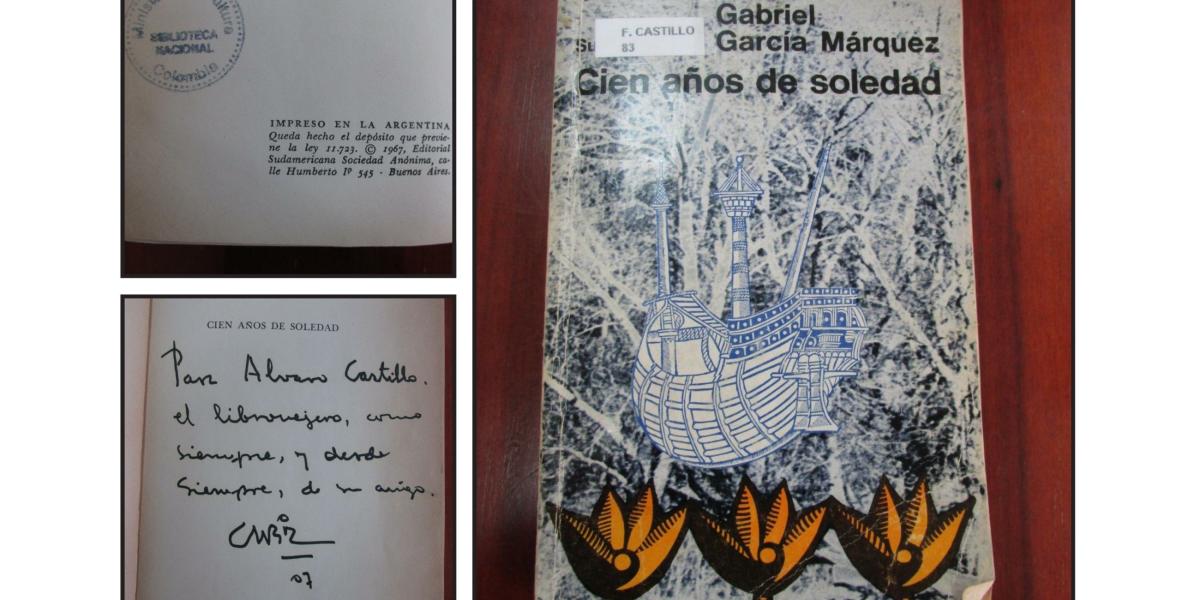 Primera edición de ‘Cien años de soledad’. Sellos de editorial Sudamericana y la Biblioteca Nacional. Dedicatoria de García Márquez al librero Álvaro Castillo.