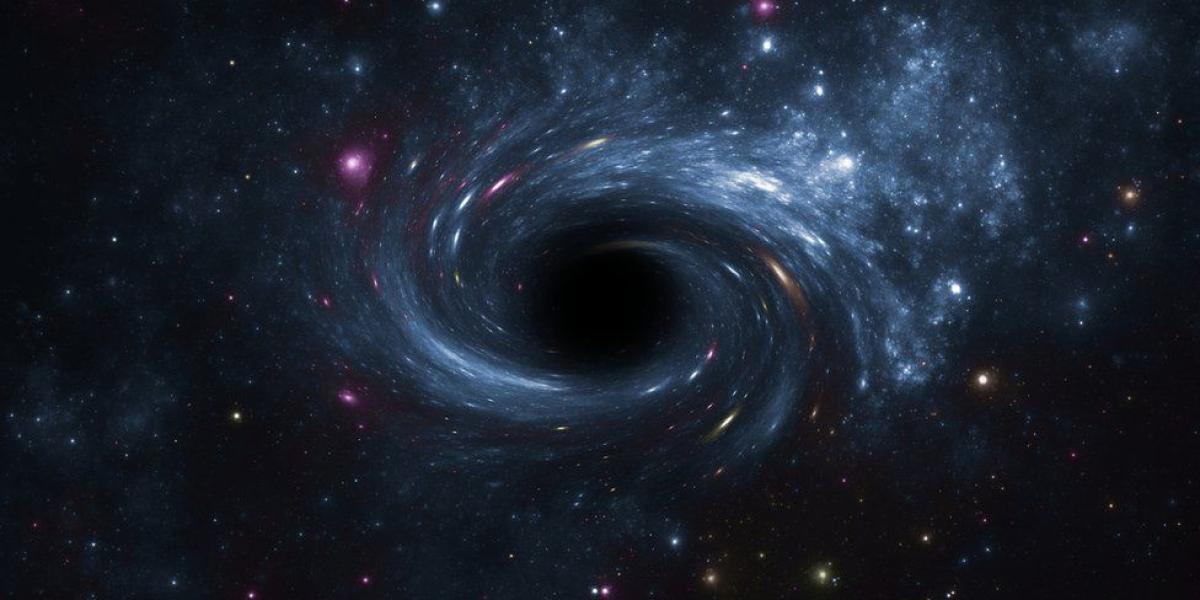 Recreación de un agujero negro rodeado de astros luminosos.