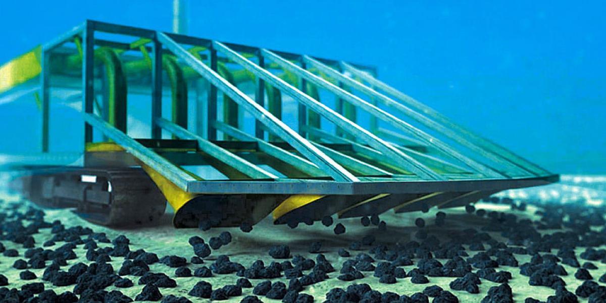 En la imagen, concepto artístico de uno de los modelos de robot minero extrayendo nódulos polimetálicos del lecho marino, a una profundidad que supera los 4.000 metros.