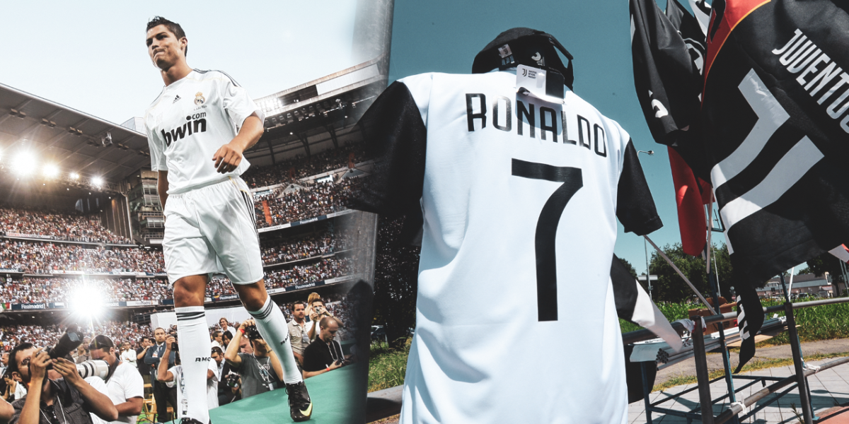 Cristiano Ronaldo de cuerpo completo con una corona y camiseta del real  madrid