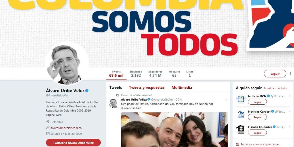 Captura de pantalla de la cuenta de Twitter de Álvaro Uribe Vélez.
