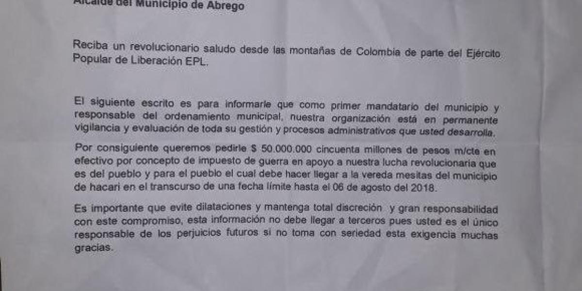 El documento fue dejado en la casa del mandatario, en pleno casco urbano del municipio de Ábrego. Autoridades investigan.