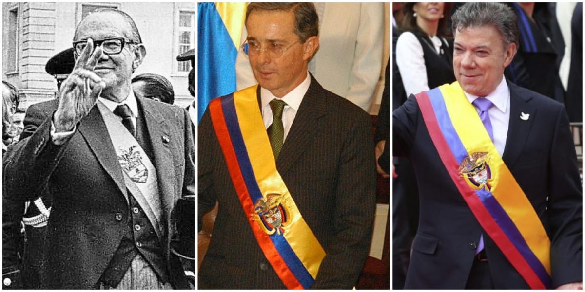 De izquierda a derecha, los presidentes Alfonso López Michelsen, Álvaro Uribe Vélez y el saliente Juan Manuel Santos. Tres momentos de la historia con tres climas y problemáticas distintas.