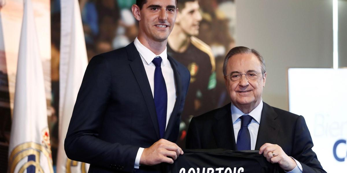 Thibaut Courtois y Florentino Pérez, Real Madrid.