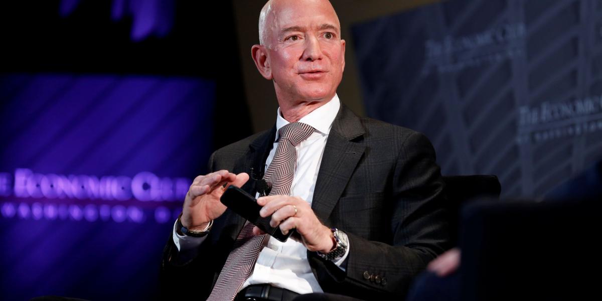 , president and CEO of Amazon and owner of The Washington Post, speaks at the Economic Club of Washington DC's "Milestone Celebration Dinner" in Washington, U.S.,
