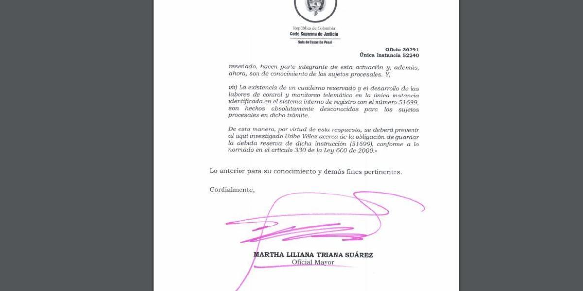Oficio Corte Suprema de Justicia en respuesta a Álvaro Uribe Vélez.