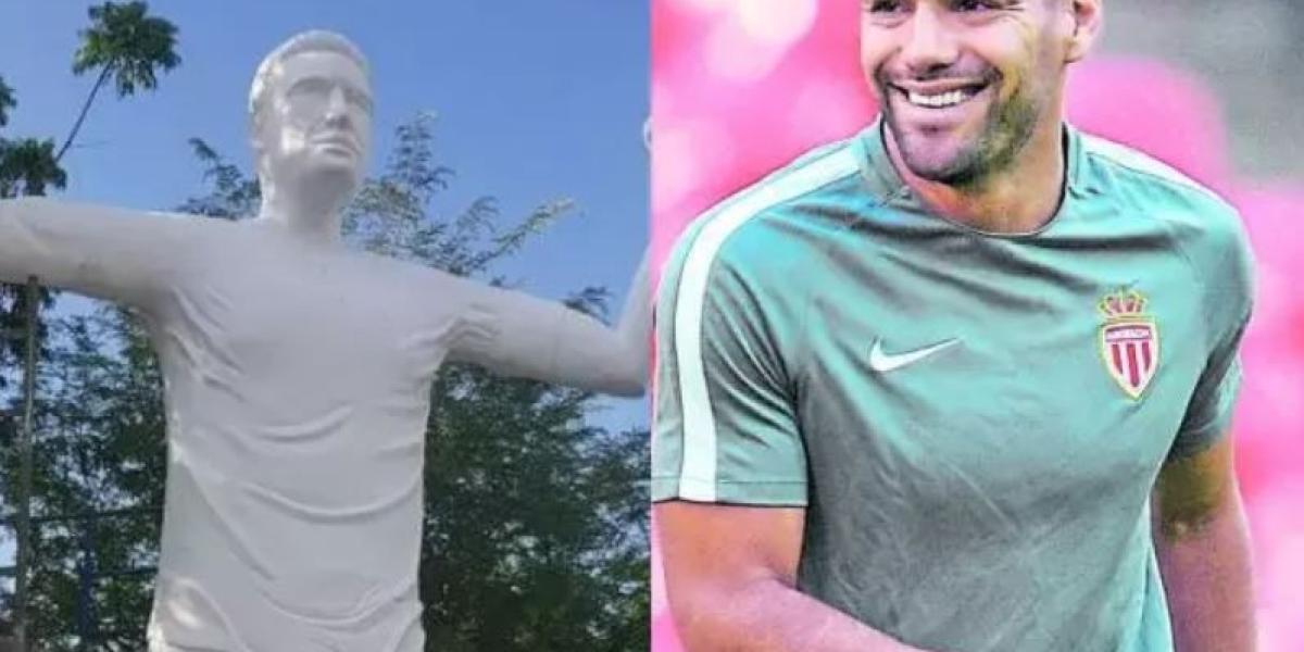 Imagen de la escultura de Radamel Falcao en Santa Marta comparada con el deportista.