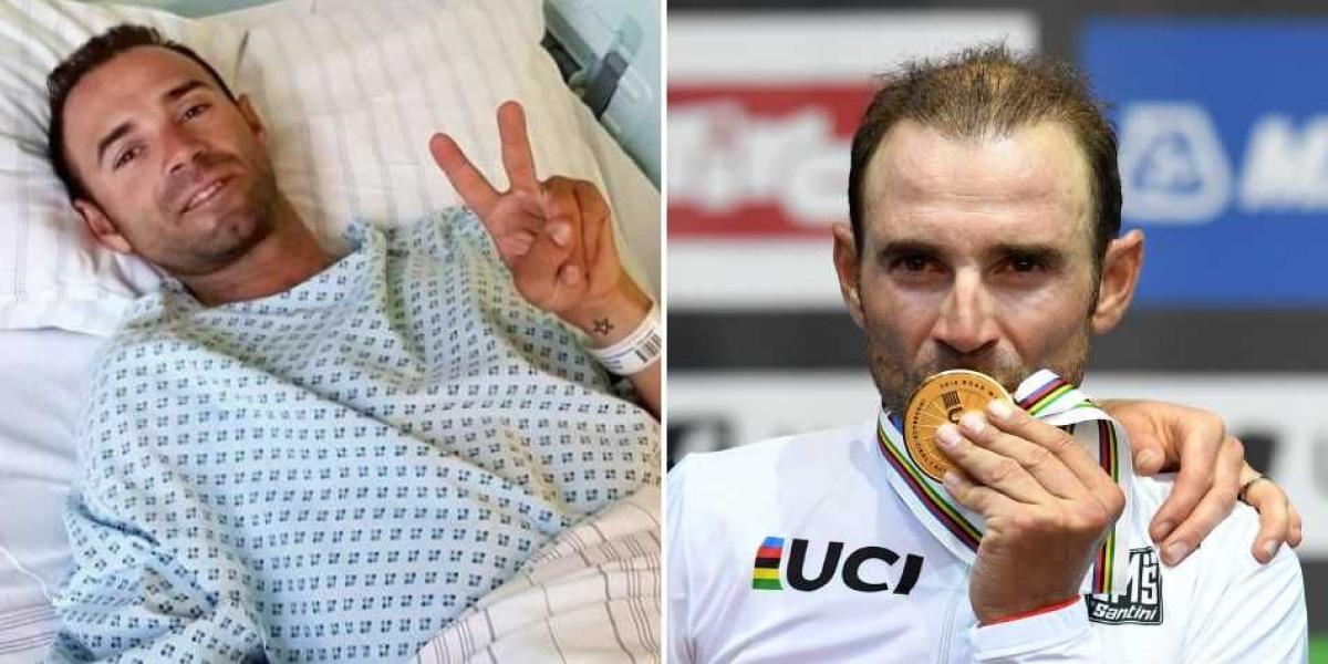 Alejandro Valverde en la clínica, tras su operación en julio del año pasado. Y, como campeón mundial de ruta, 15 meses después.