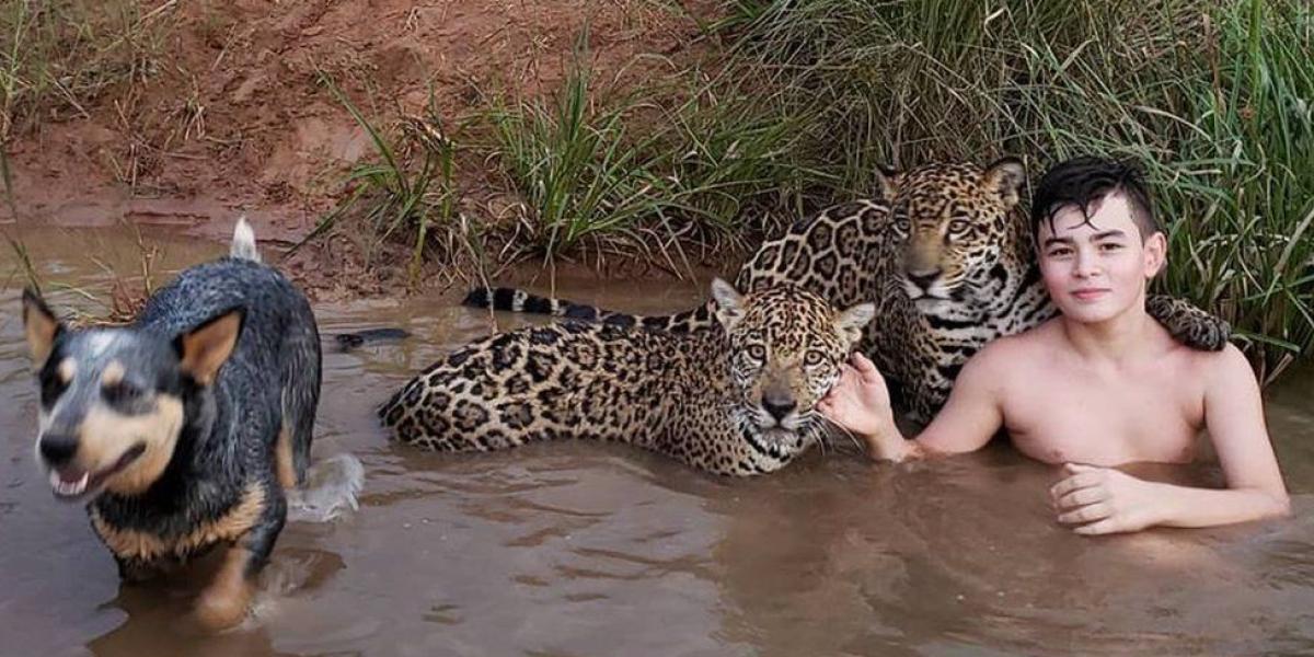 Esta foto de Tiago con dos jaguares y uno de ellos que parece que lo está abrazando se volvió viral.