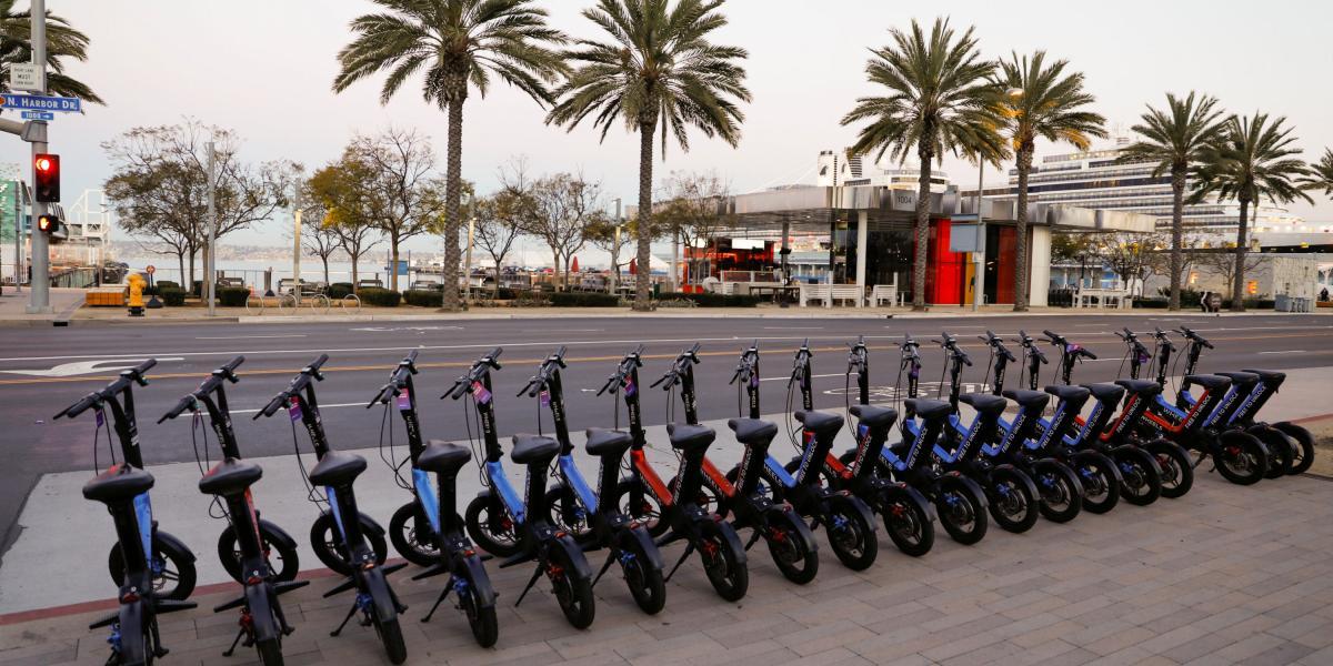 The E-bike sharing company Wheels rents their version of the electric scooter on a sidewalk in San Diego, California, U.S