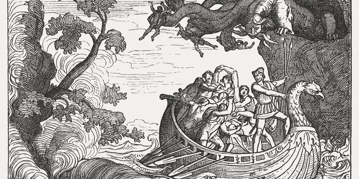 Escena de 'La Odisea' en la que Ulises escapa en un paso marítimo de la ninfa-monstruo Escila.
