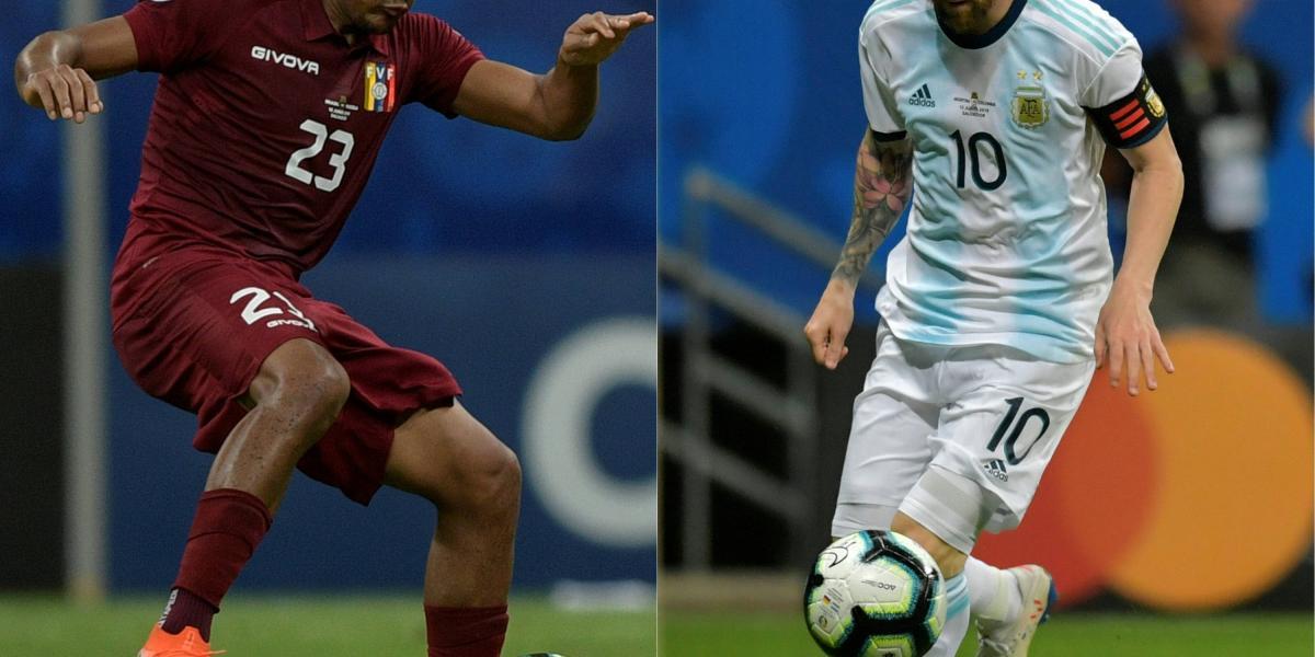 Salomón Rondón y Lionel Messi, las dos figuras respectivas de Venezuela y Argentina, que se medirá en cuartos de final de la Copa América.