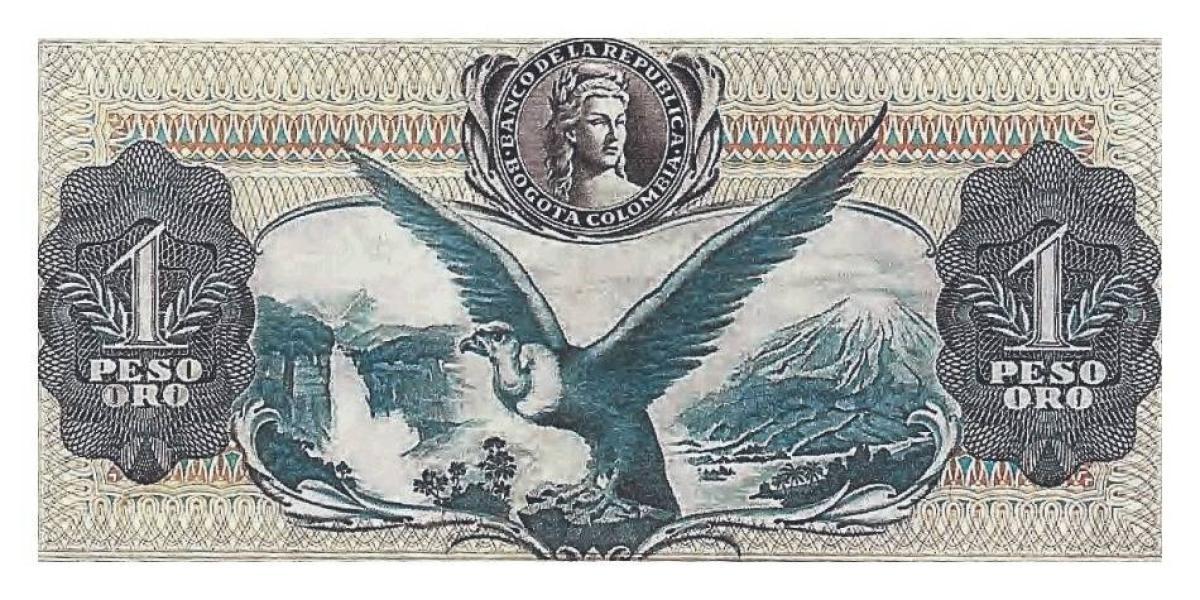 Reverso de 1 peso emitido el 12 de octubre de 1959. En el anverso aparecían Bolívar y Santander.