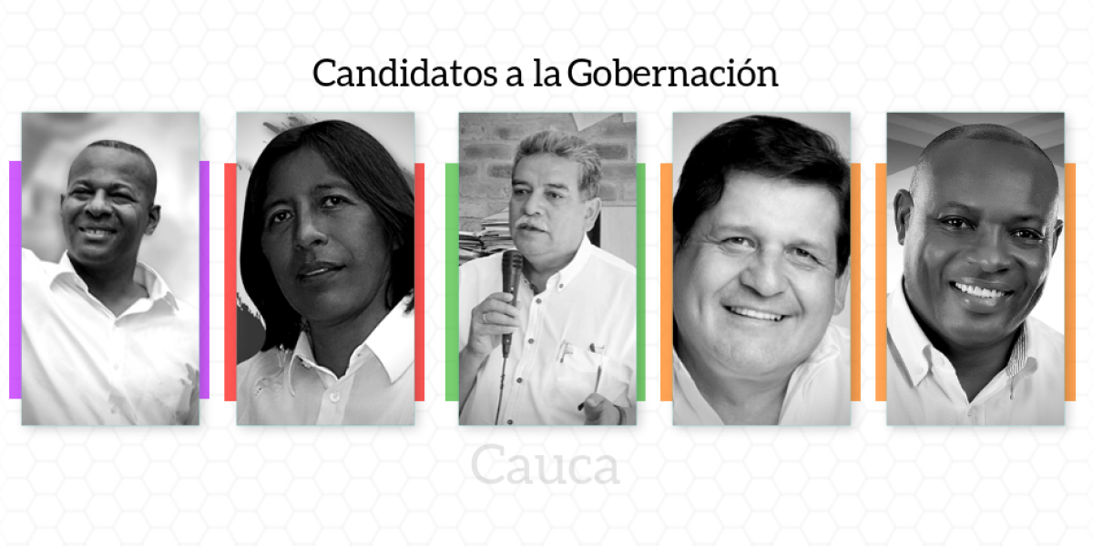 Candidatos a la Gobernación del Cauca (de izquierda a derecha): Elías Larrahondo, Jesús Piñacué, Gilberto Muñoz, Víctor Ramírez y Heriberto Arrechea.